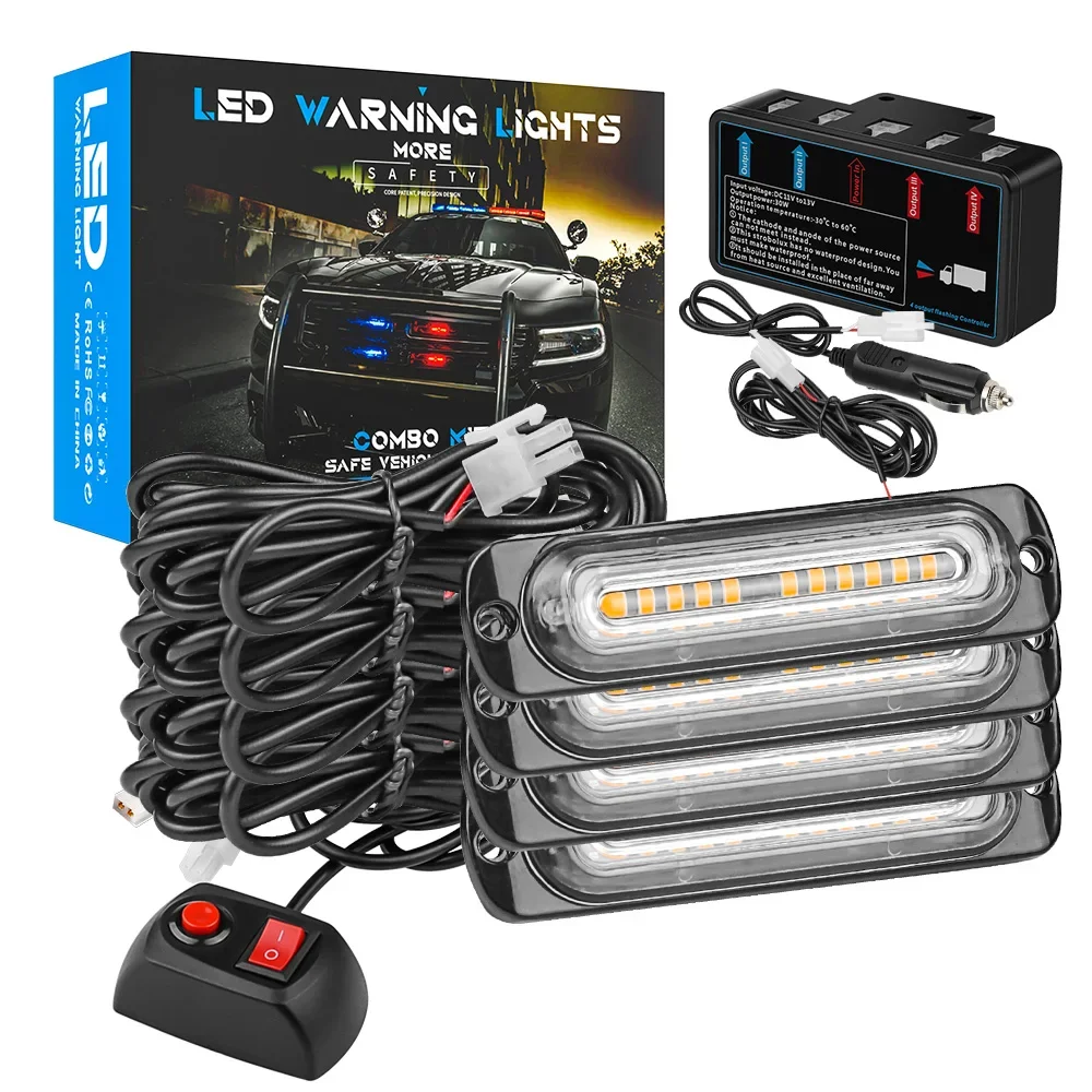 

4x Led Harness Control Switch 12SMD Strobe Warning Light Grille Flashing Lightbar Truck Car Beacon Lamp Amber Traffic Light 12V