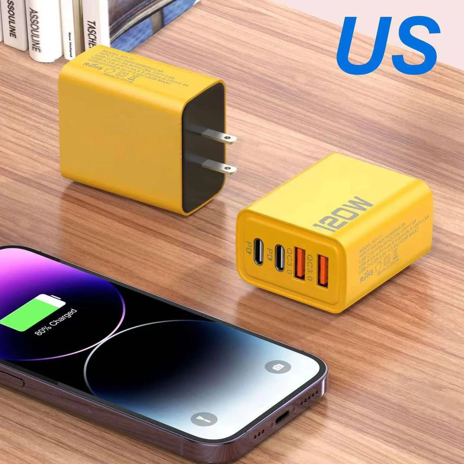 120W 3.0 USB Fast Phone Charger Type C Quick Charge Charging Adapter For Phone 15Pro Max Mate60 Pro 4-port EU/US Charger