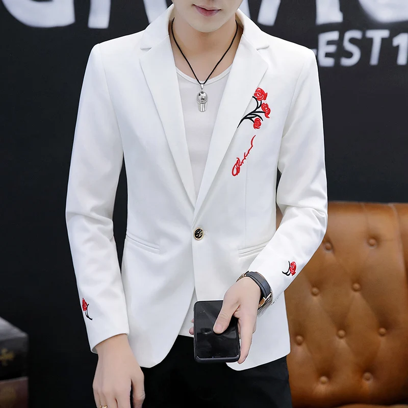 New explosive spring slim casual handsome embroidery pattern all matching style single west personality fashion men's clothing 5