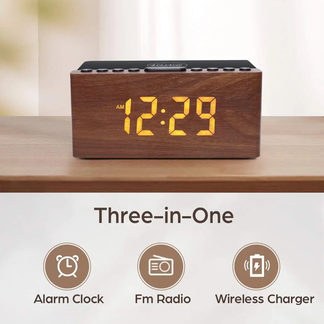 Wooden Digital LED Alarm Clock with FM Radio & Wireless Charger for iPhone/Samsung, 5-Level Dimmer, USB Port, Sleep Timer 2