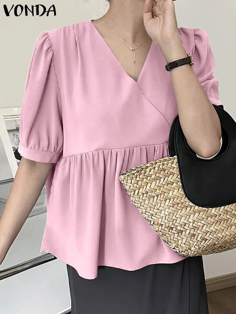 

2023 VONDA Fashion Tops Summer Women Blouses Sexy V-Neck Short Sleeve Solid Color Blusas Femininas Casual Loose Ruffled Shirts