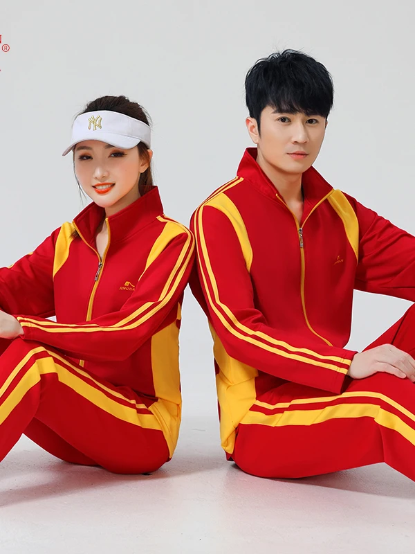  봄 신상 남녀공용 레드 스포츠 슈트 대형 사이즈 스퀘어 댄스 피트니스 체조복 통기성 땀 흡수 빠른 건조 초경량 긴팔 오픈 가디건