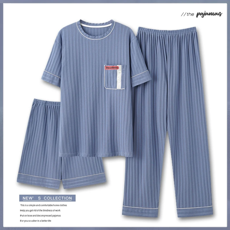 남성 패션 여름 3 피스 잠옷 세트 짧은 소매 라운드 칼라 코튼 홈웨어 플러스 사이즈 5XL 반바지 Loungewear Pijamas