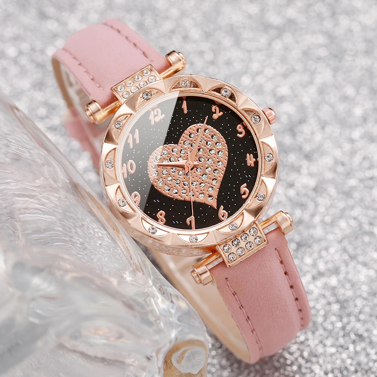 6PCs/Set Fashion Women's Watch Leather Strap Quartz Watch with Love Bracelet Set 5