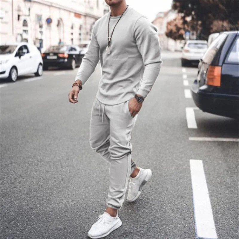 Sportswear Sumer Men's Set Solid Color Tracksuit Sports Suits Male Sweatsuit Long Sleeves T shirt +Pants Printing 2 pc sets
