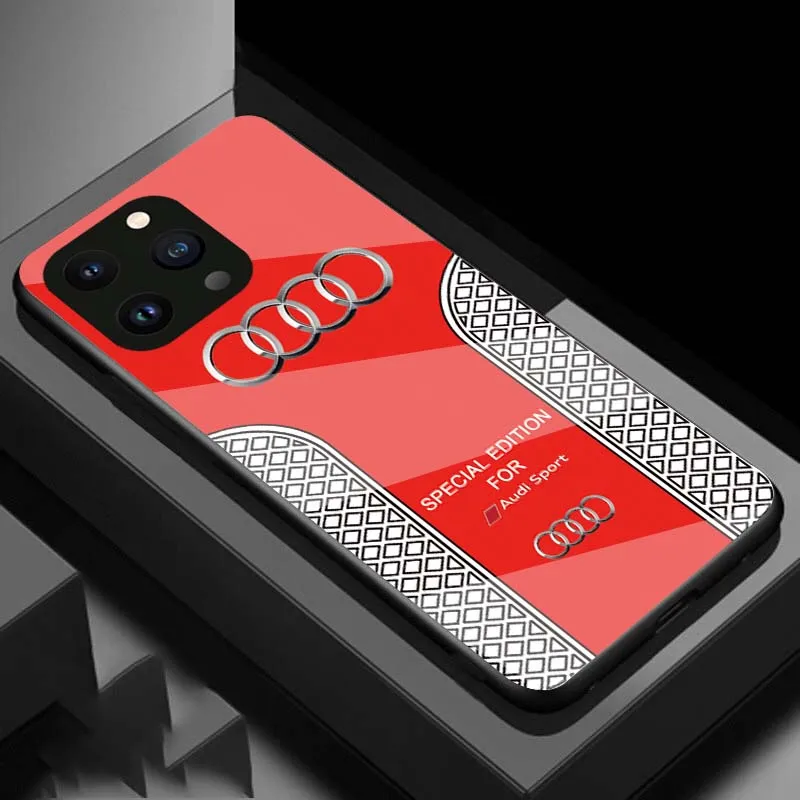 Luxury Audi Sports Car Pattern Phone Case Glass Hard Shell for iPhone 15 14 13 12 11 Pro Max 12 Mini Protection Back Cover - skycase