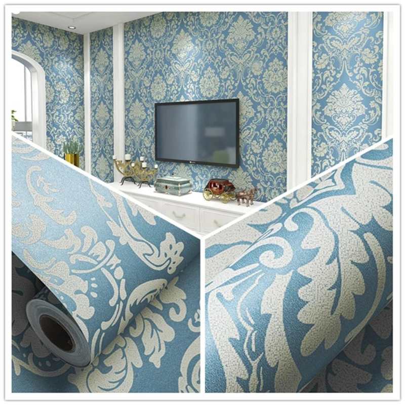 3D Damask Flocking Non woven Wallpaper European Style self adhesive wallpaper For Home Decoration Living Room Bedroom Wall Decor