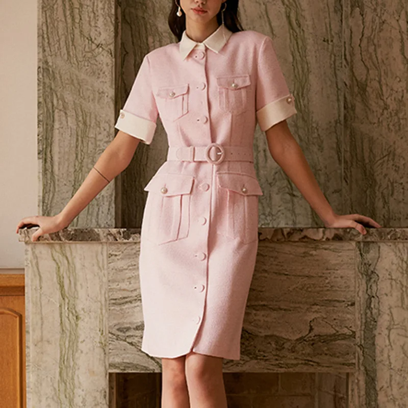 

Sweet Girl Women's Dress French Small Fragrance Turn Down collar Short Sleeve Spring Summer Dress Vestidos