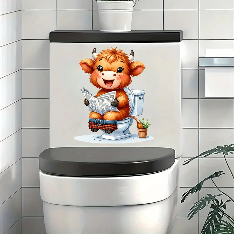 Highland Cow Reading Newspaper Toilet Sticker Toilet Seat Tank Bathroom Wall Glass Sticker Home Decoration Decal