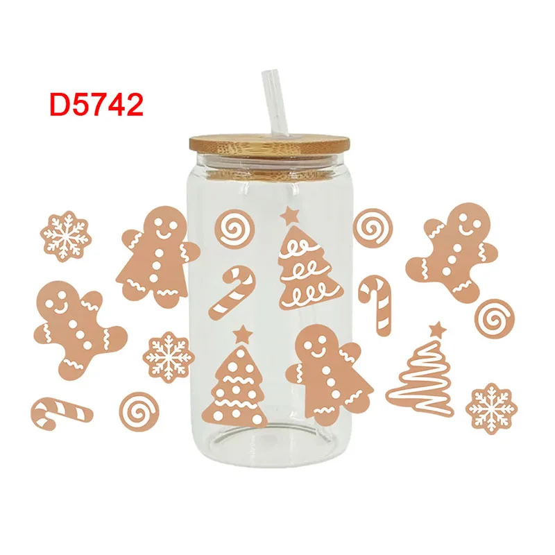 Christmas Themed UV DTF Cup Wrap Transfers Stickers Waterproof for Glass Decoration D5742 adhesive vinyl stickers
