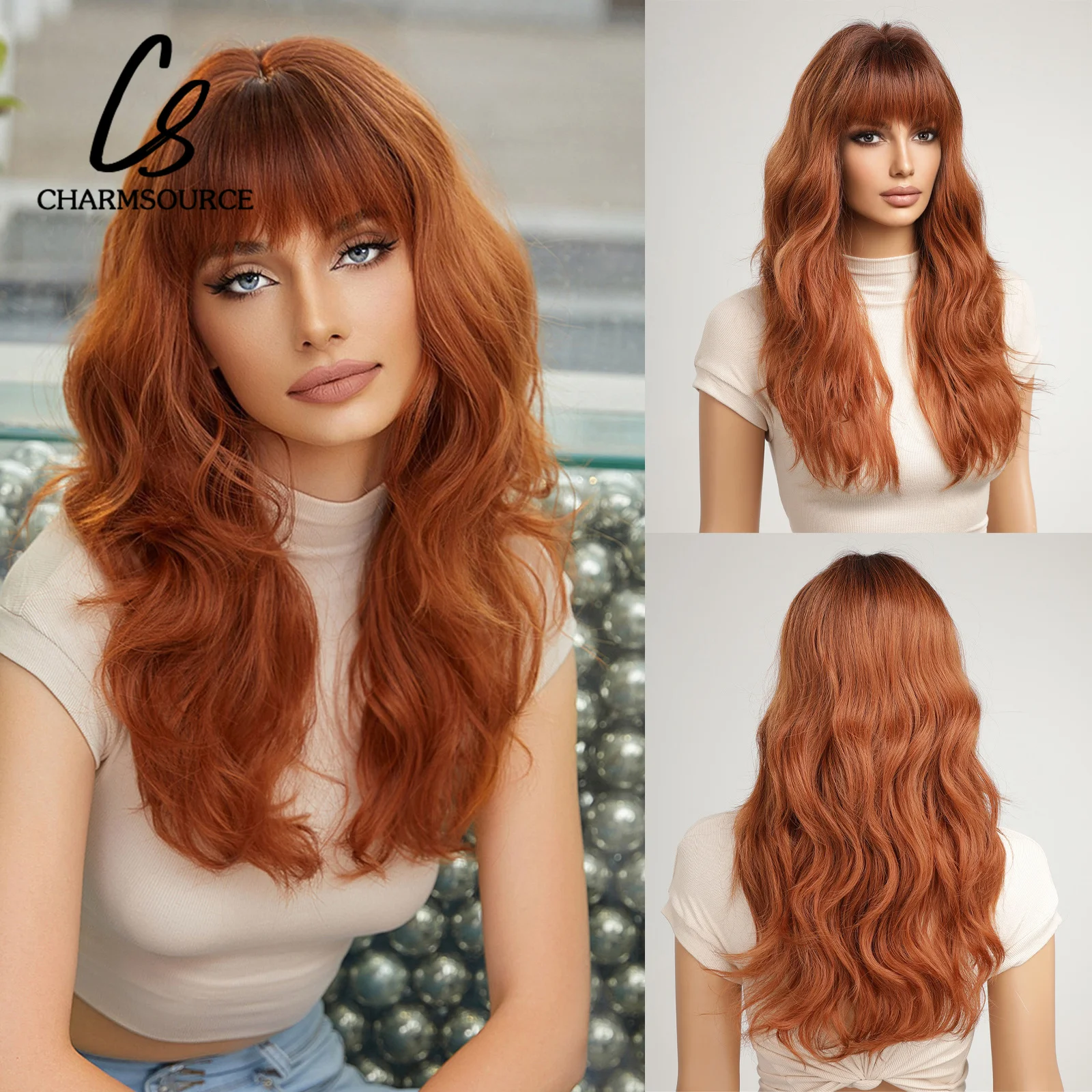 CharmSource Orange Copper Yellow Synthetic Wigs Long Wavy Wig with Bangs for Women Natural Cosplay Body Wave Heat Resistant Hair
