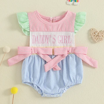 Adorable Baby Girls Romper with Flutter Sleeves Striped Design Cute Bows and Embroidered Letters - Perfect Summer Outfit for 2