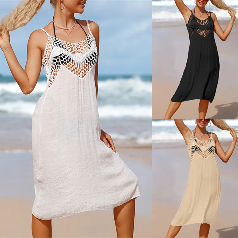 White Crochet Tunic Bikini Cover-ups Sexy Hollow Out Sleeveless Fringed Mesh Dress Women Beach Wear Swim Suit Cover Up 2020 sexy beach cover up crochet silver swimwear dress ladies bathing suit cover ups beach dress tunic saida de praia pareo