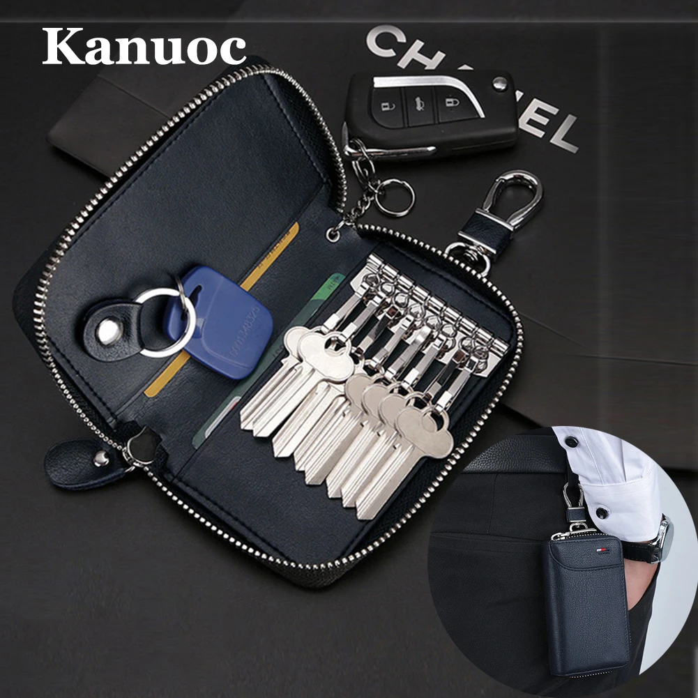 

Leather Key Bag Men's Waist Car Key Clip Zipper Button Coin Pocket Multifunction Detachable Key Chain Mini Wallet