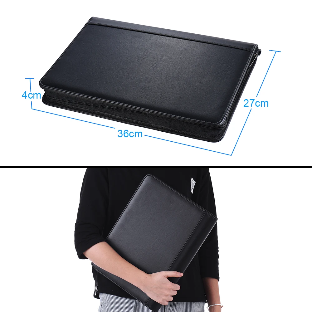 Multifunctional A4 Document Case PU Leather Zippered Loose-leaf Loop Business Card Holder Memo Note Pad