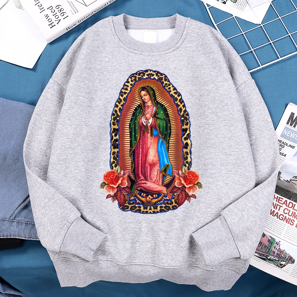 Nuestra Señora De Guadalupe Sweatshirts Mens Creativity Loose Hoodie Cartoon Fleece Hoody Clothing Casual O-Neck Hoodie Pullover