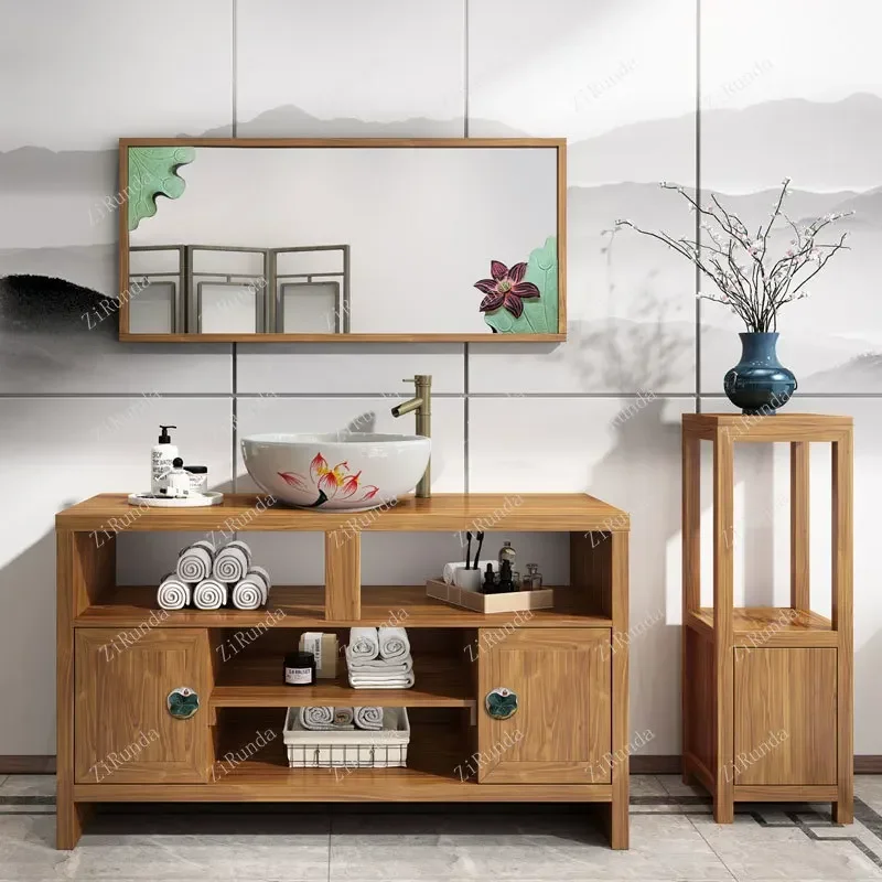 ~Y Chinese style light luxury bathroom cabinet antique art washbasin combination bathroom washbasin set