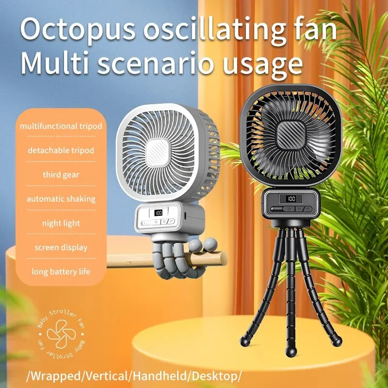 A28 Rechargeable Shaking USB Octopus Fan with 5000mAh Battery Tripod Oscillation Portable Desktop Fan LED Display