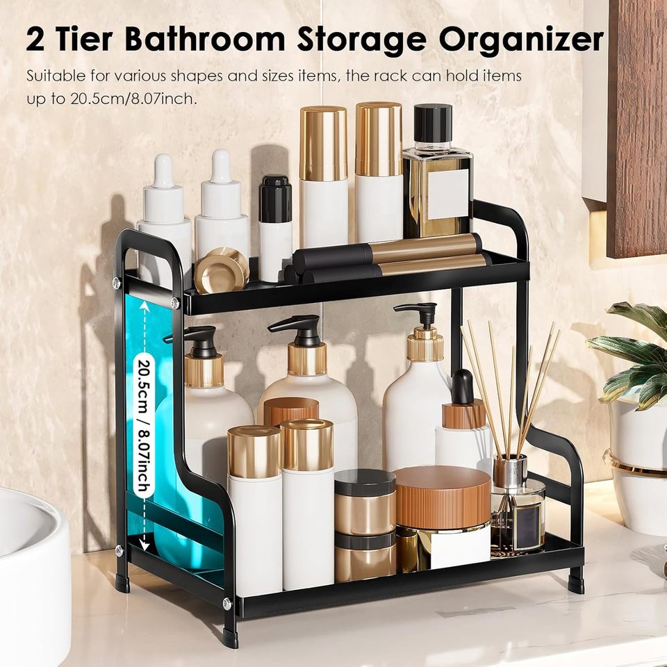 Bathroom Countertop Organizer Rack 2 Tier Counter Spice Rack Metal Makeup Rack Perfume Vanity Organizer for Sink Kitchen Office