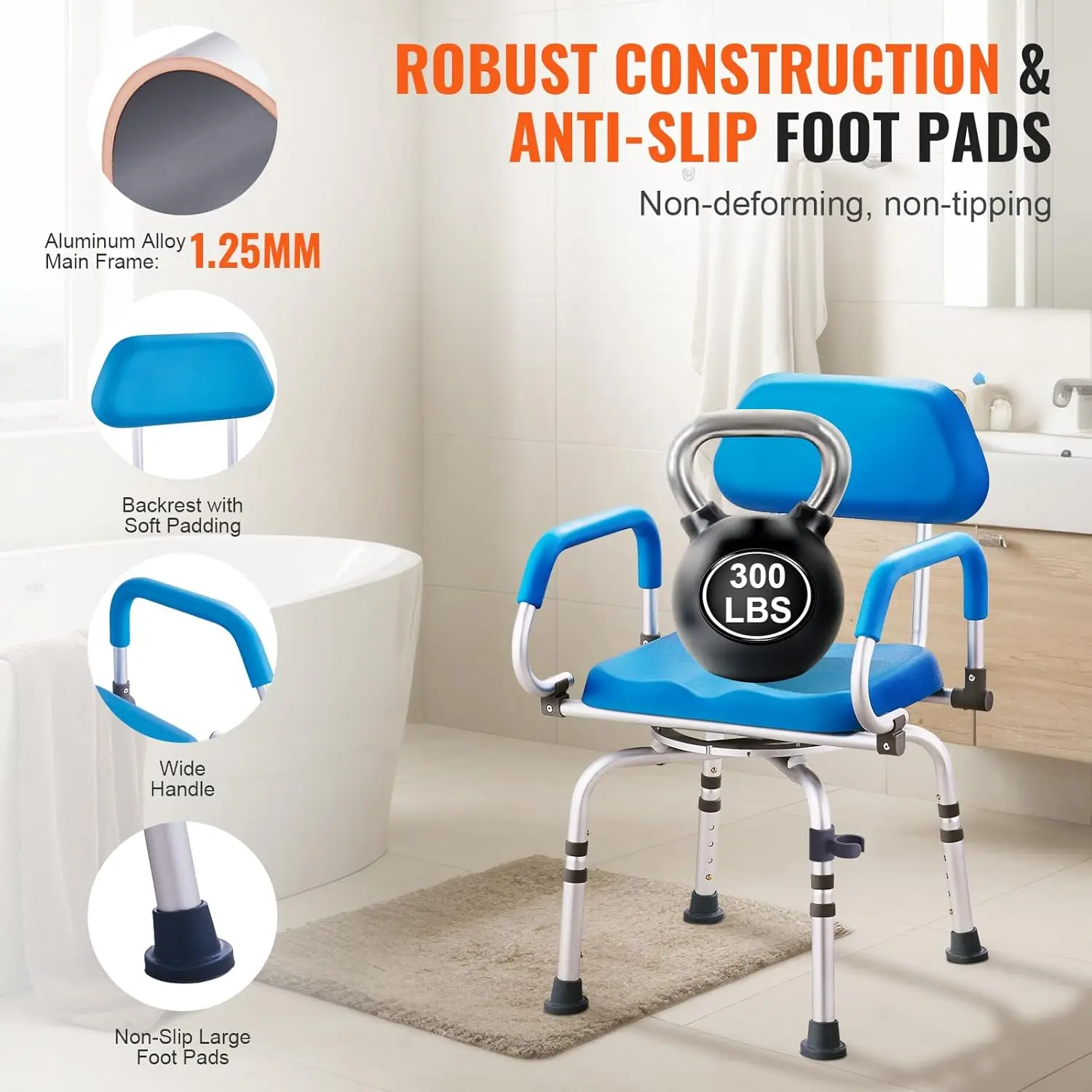 Swivel Shower Chair 360 Degree, Adjustable Shower Seat with Pivoting Arms & Padded Bath Seat for Inside Shower or Tub 4