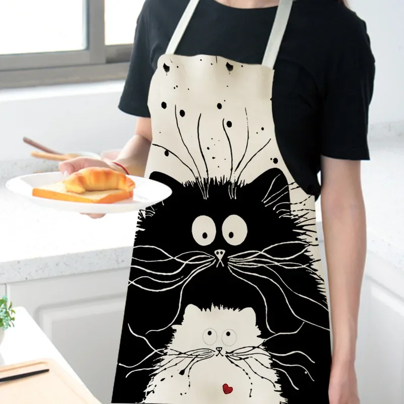 

New 1Pcs Kitchen Cooking Apron Cute Cat Printed Home Sleeveless Cotton Linen Easy Aprons for Kids Women Baking Accessories