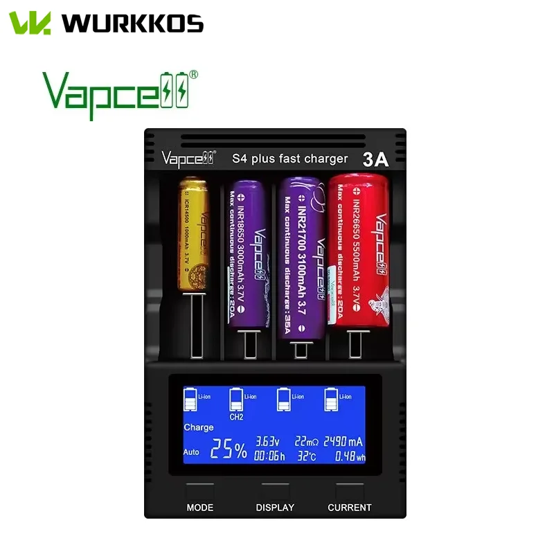 Vapcell S4+ Smart 4 Slots Max 3A Per Slot Battery Charger For 10440 14500 16340 18650 21700 26650 Charge Protection