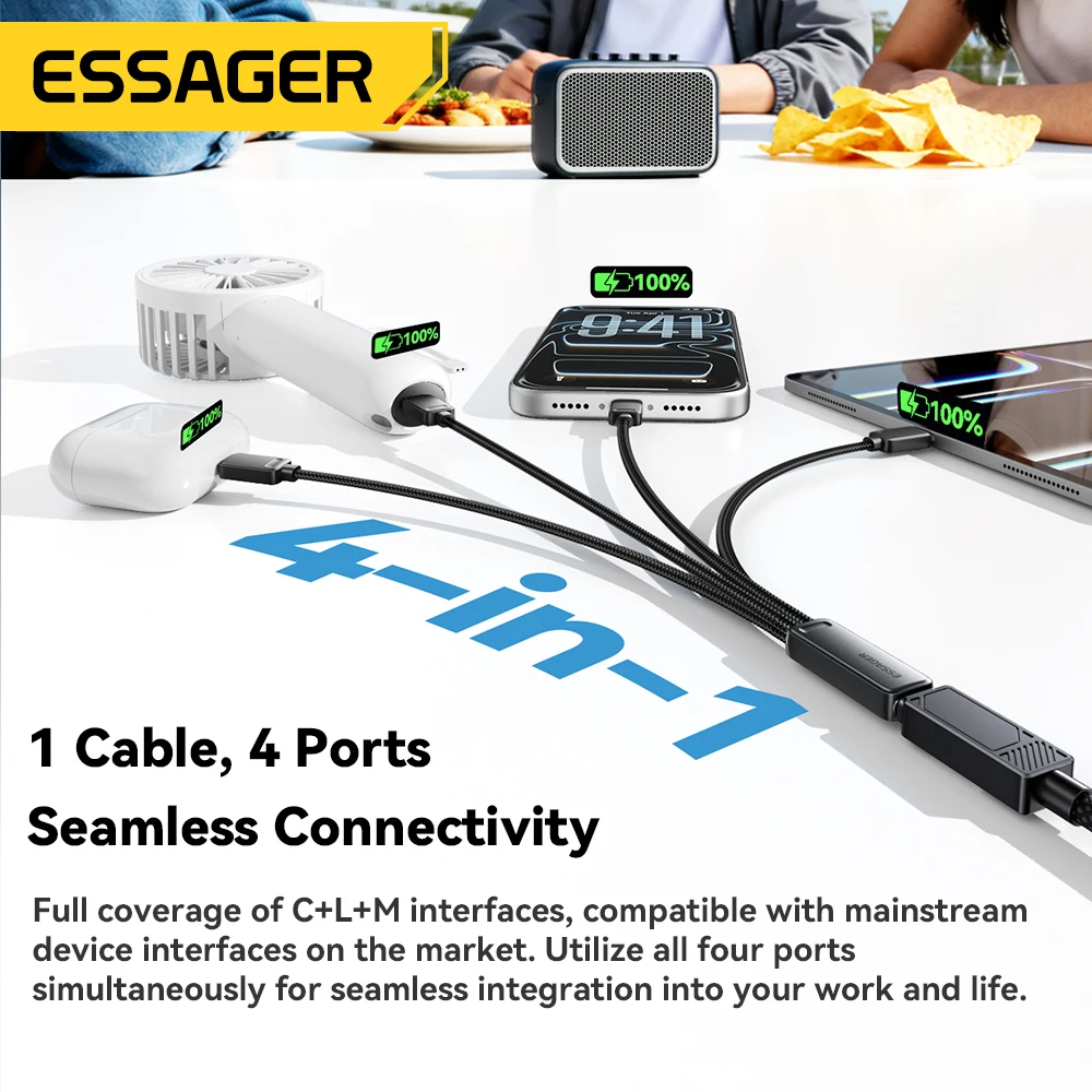 Essager Portable 4-in-1 Fast Charging Cable For Travel Type C Female To Multi USB Cable With 2 Type C, Micro, Lightning Adapters