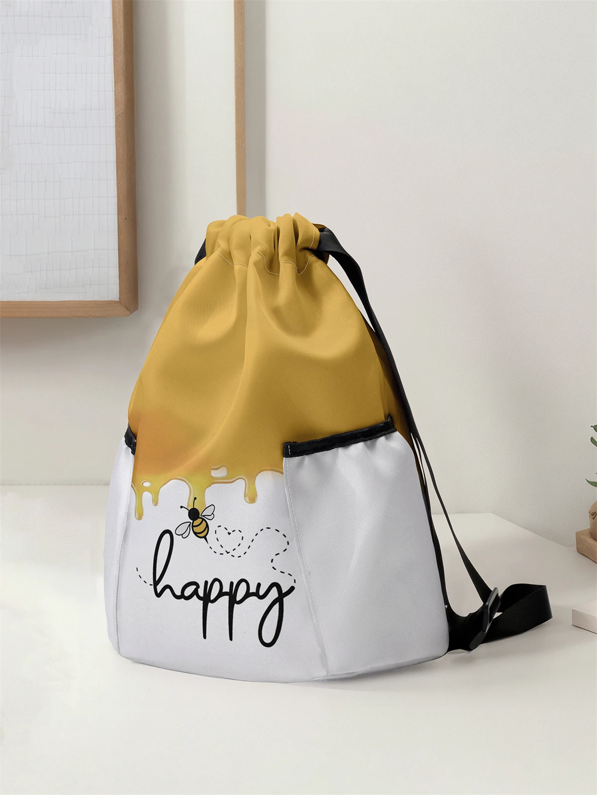 Bee Pattern Drawstring Backpack - Large Capacity Durable Fitness Bag, Adjustable Shoulder Straps, Sports Beach Backpack