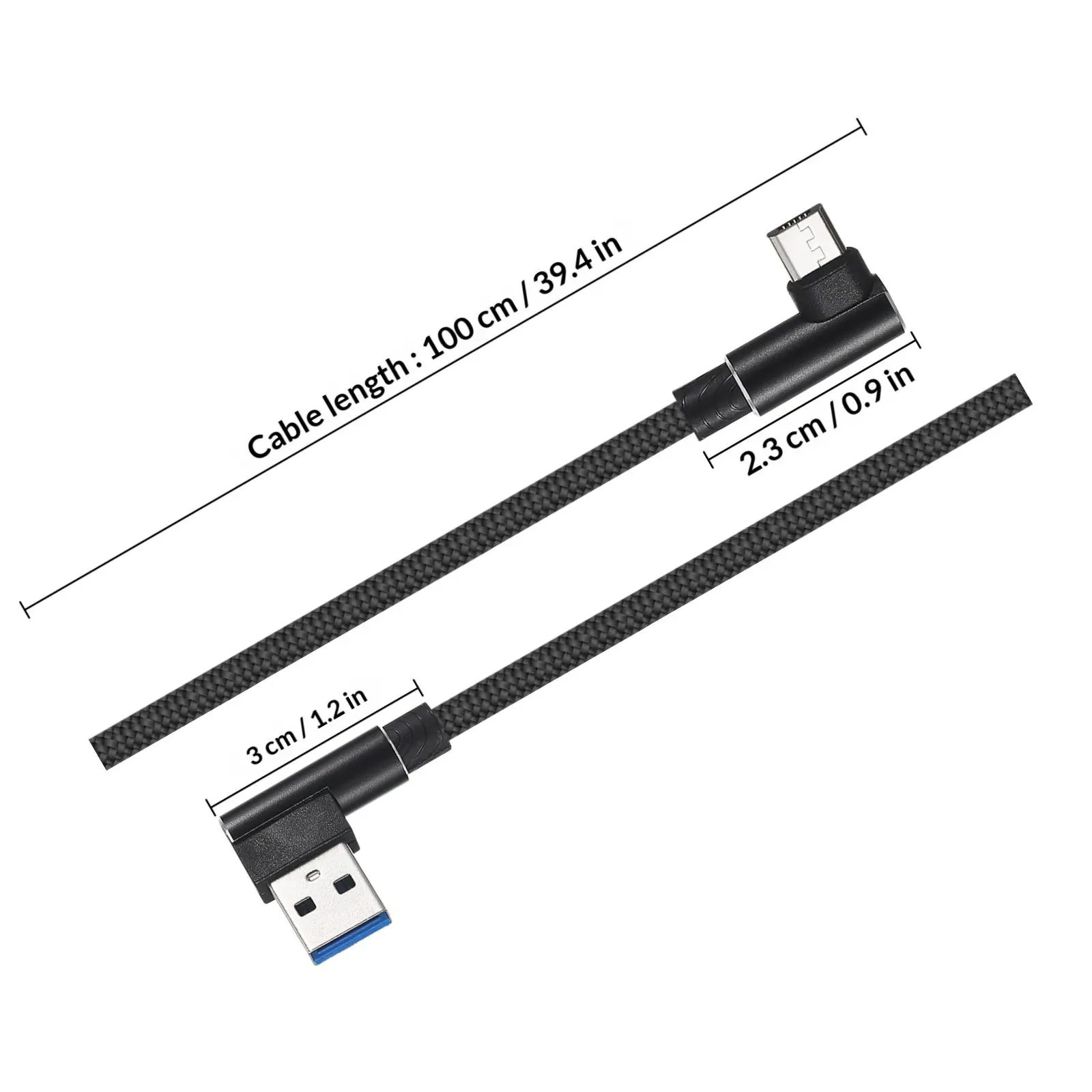 1M 직각 마이크로 USB 케이블, 브레이드 나일론 엉킴 방지, 고강도 2.4A 고속 충전 및 데이터 동기화 케이블 (휴대폰용, 블랙)
