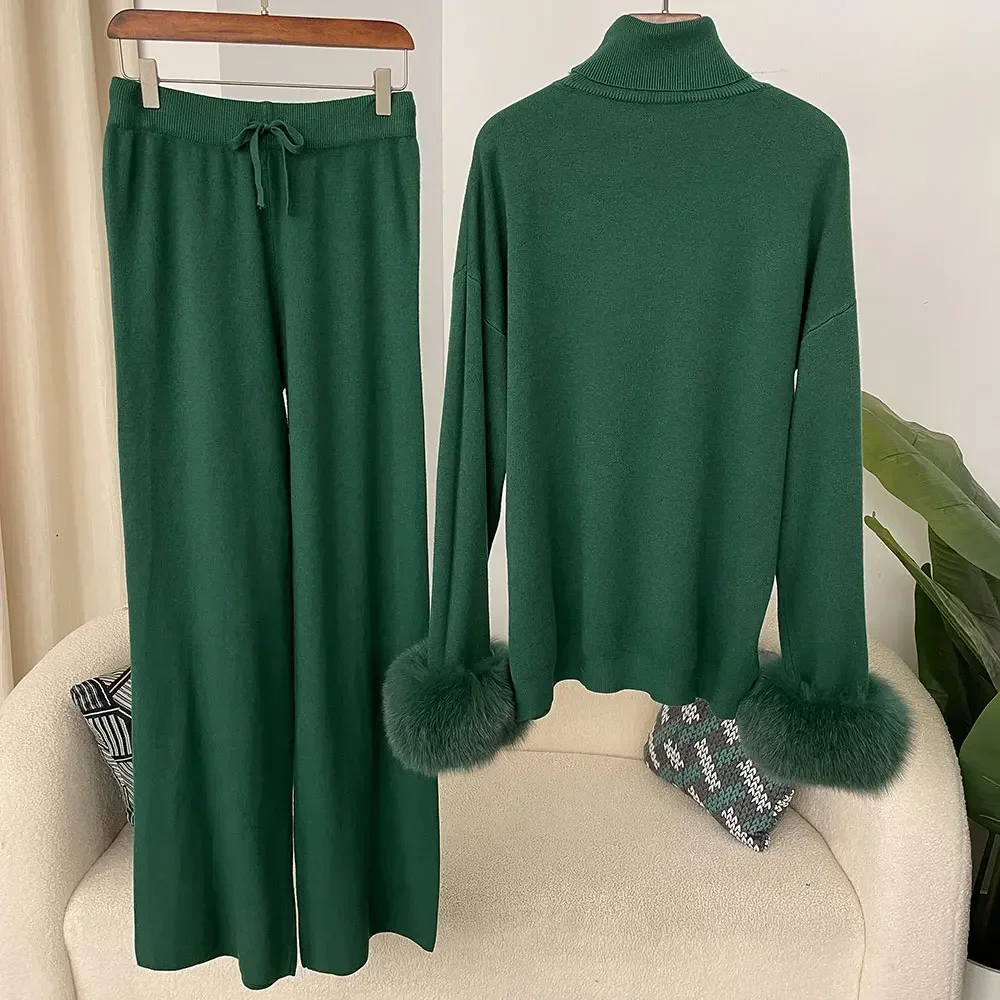 Thick Warm Natural Real Fox Fur Cuffs Coat 2024 New Fashion Autumn Winter Knitted Sweater Women Long Pants Set Jacket