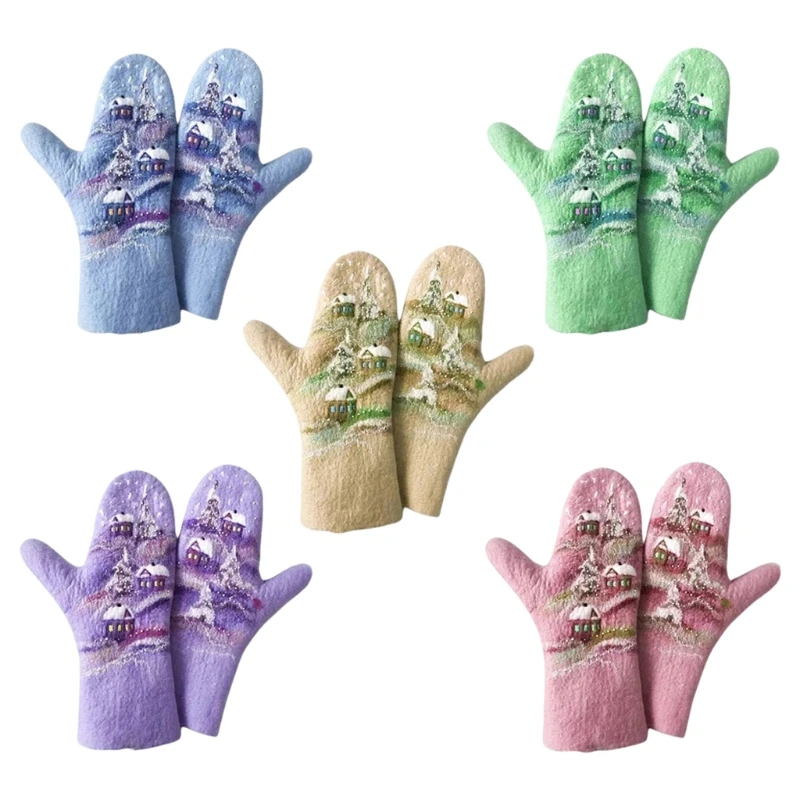 

Women Faux Cashmere Gloves Christmas Landscape Houses Tree Print Warm Mittens