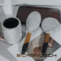Luxury Rhinestone Airbag Hair Comb Wood Round Mirror Makeup Brush Storage Box Bathroom Organizer Box Pencil Holder Container 2