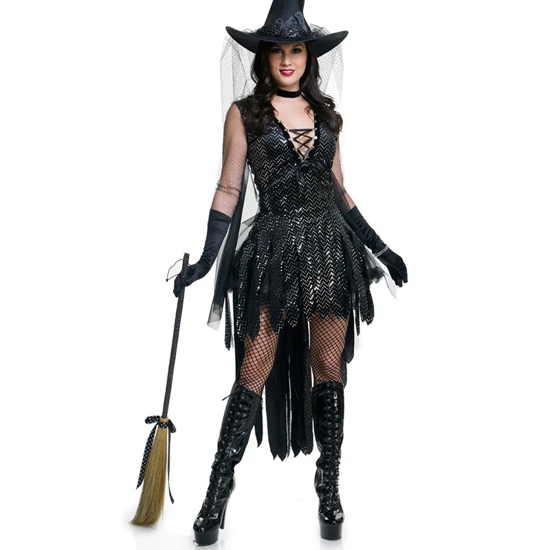 

Halloween Witch Cosplay Ladies Black Sequins Witch Costume Adult Women Book Day Wicked Sorceress Fancy Dress Dark Girl Dress