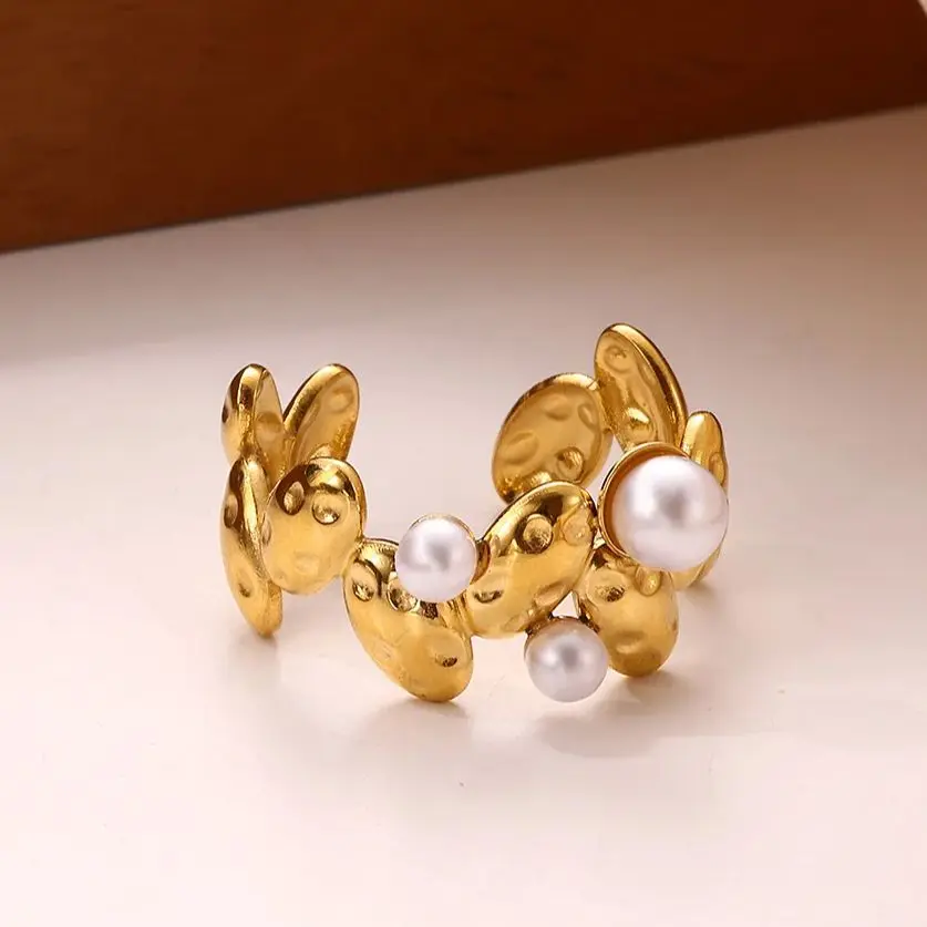 Luxury18K Gold Plated Stainless Steel Adjustable Irregular Peral Rings For Women