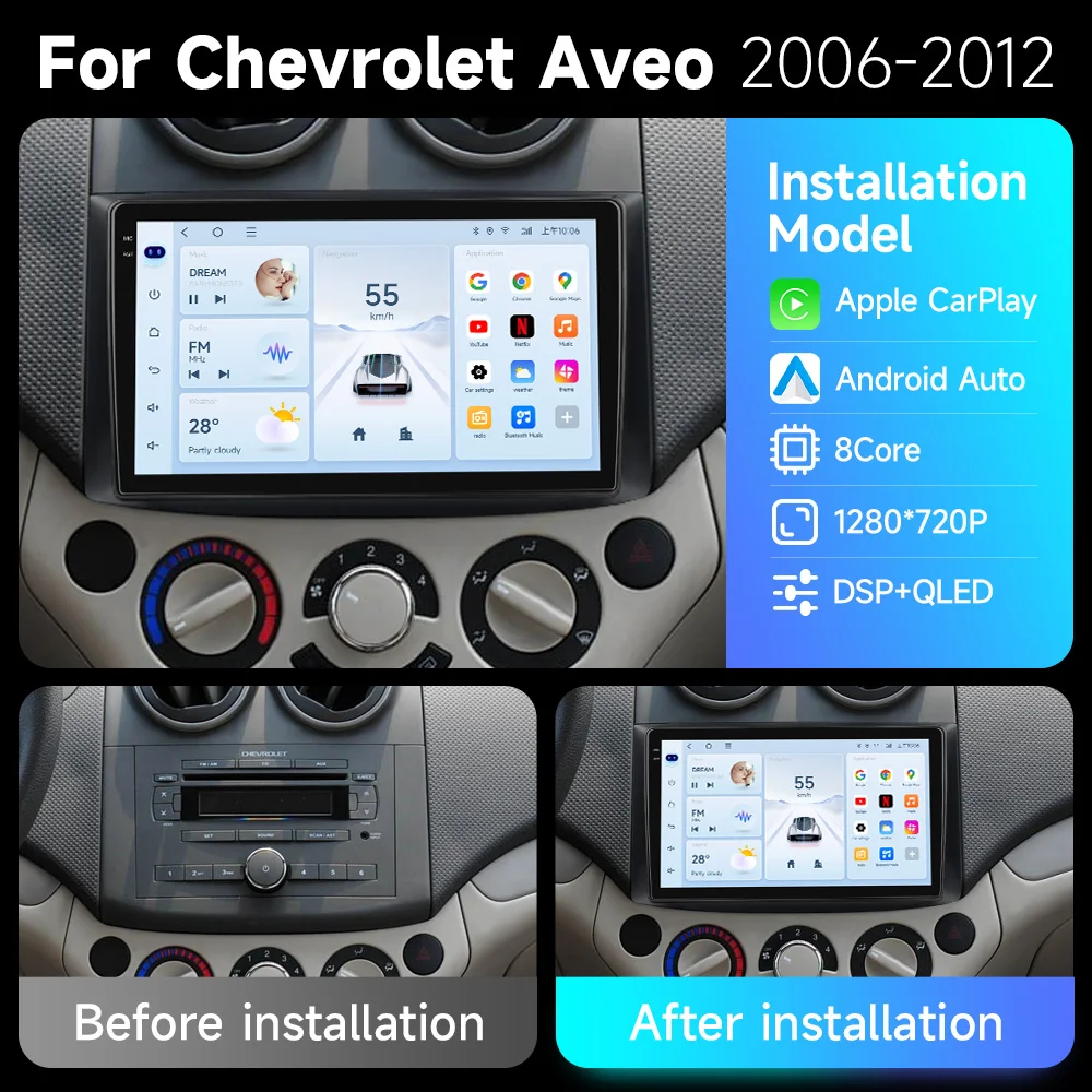 JIUYIN Radio de coche para Chevrolet Aveo 2006 2007 2008 2009 2010 2011 2012 2din Android 15 Carplay Multimidia unidad principal de reproductor de vídeo 2