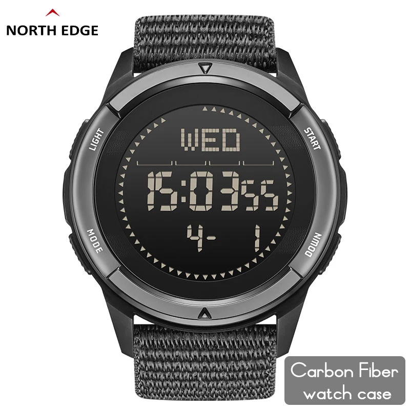  NORTH EDGE ALPS Men's Carbon Fiber Digital Watch Shock Militray Sports Super Light Outdoor Compass Waterproof 50M Wristwatches 