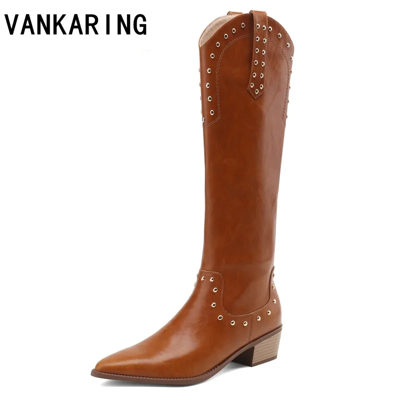 

shoes woman winter knee high shaft footwear leather women's boots brown pointed toe elegant fashion punk rivets western boots