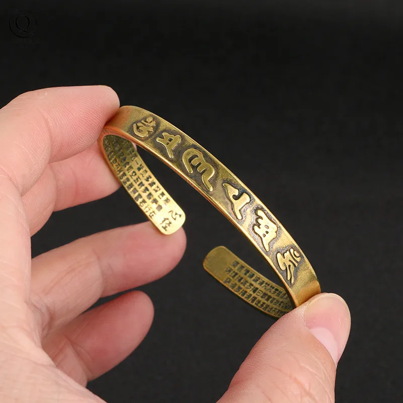 Brass Buddhist Scriptures Cuff Bangle Bracelet Pure Copper Buddhism Mantra Lucky Bracelets Vintage Adjustable Women Men Hands Jewelry