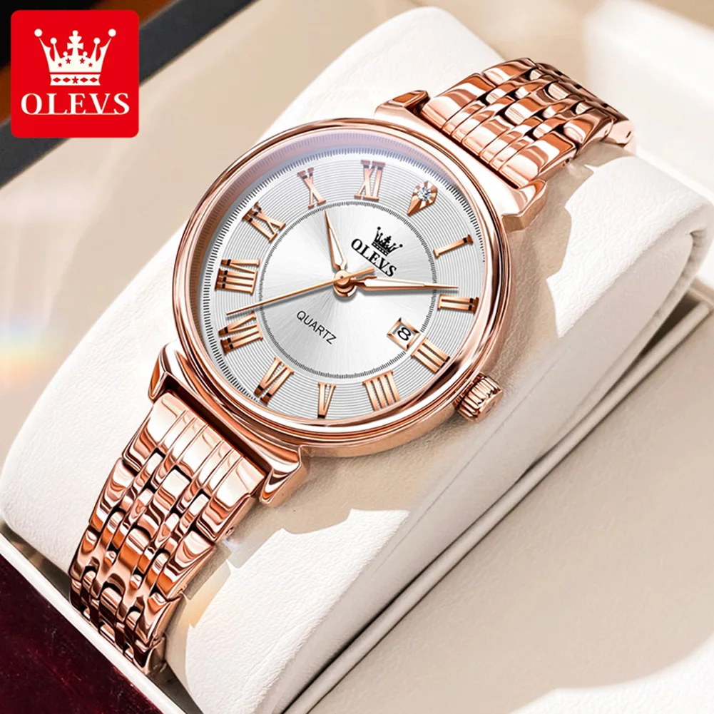 

OLEVS 9997 Original Quartz Watch for Women Retro Roman Numerals Scale Luxury Elegant Rose Gold Strap Waterproof Wristwatch Clock