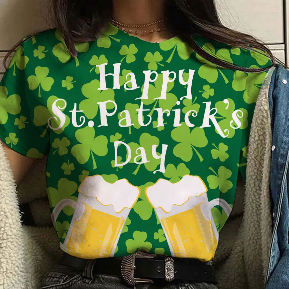 

Spring Women's T shirt 3D Clover Printed Round Neck Tee Shirts St.Patrick's Day Holiday Fashion Short Sleeve Daily Office Tops