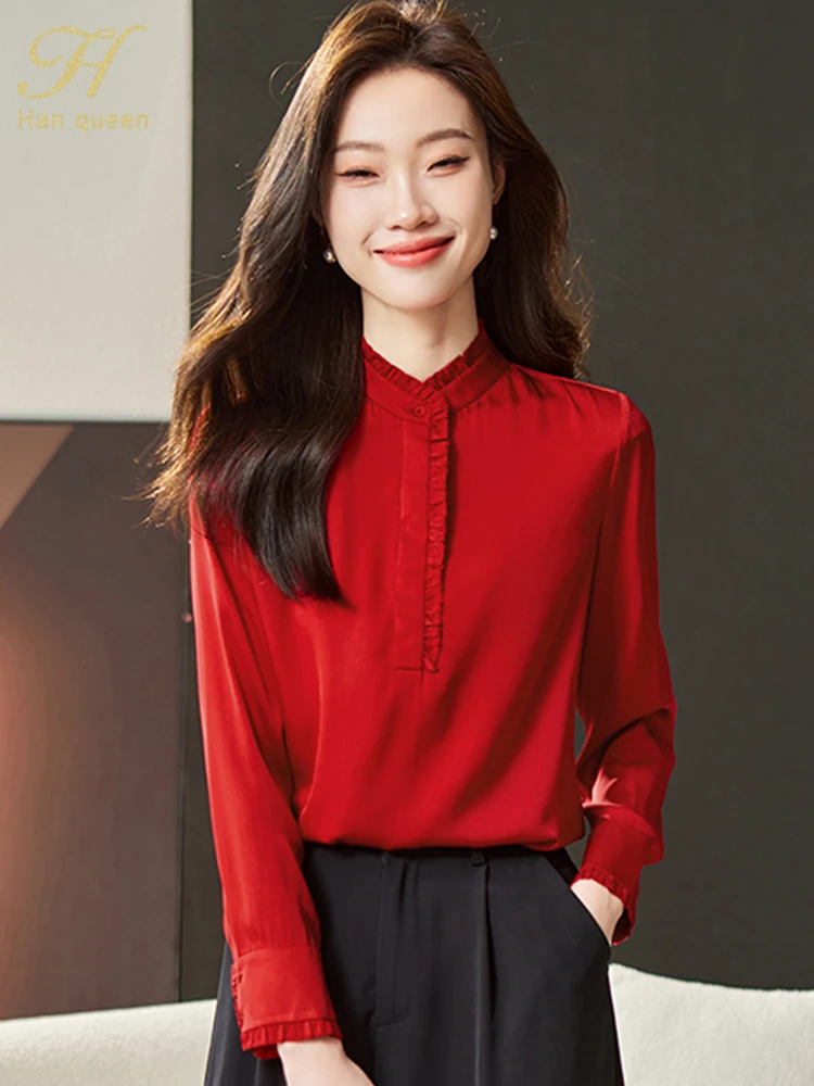 

Женская винтажная шифоновая блузка H Han Queen, Повседневная офисная элегантная рубашка в Корейском стиле с длинным рукавом, весна-осень 2024