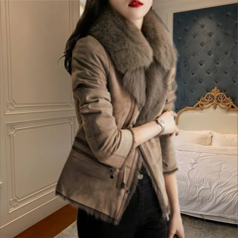 

Vintage Winter Women's Fur Coat Women's Clothing Autumn Warm Leather Biker Jacket Women's Very Luxury Thick Wool Clothing