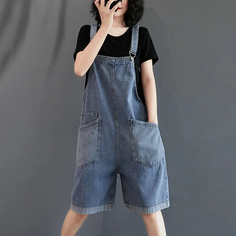 

QNPQYX Loose Suspender Jeans Women Jeans Jumpsuit New Summer Cowboy Playsuits Sling Wide Legs Denim Shorts Female Tooling