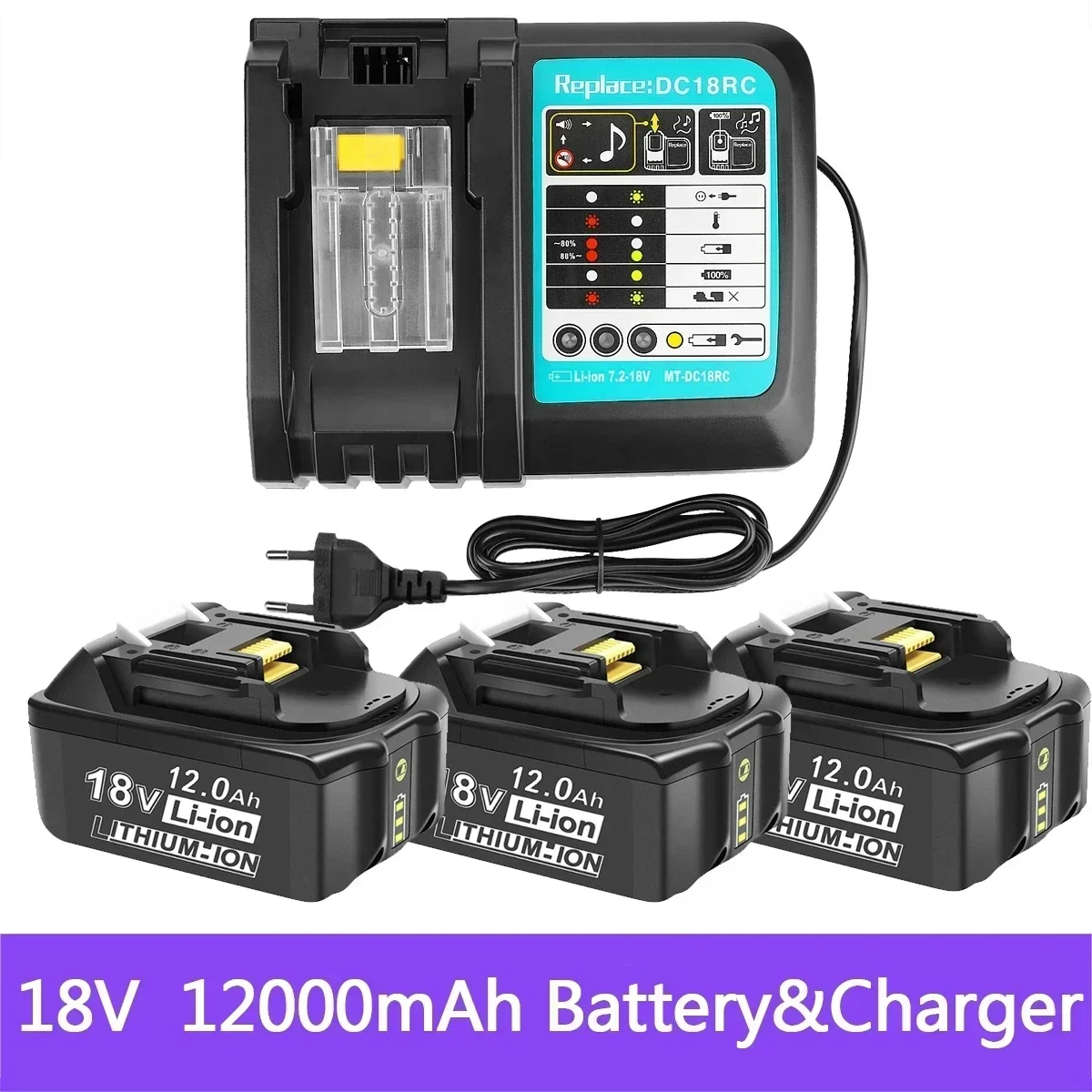 

2022 For Makita 18V 12000mAh Rechargeable Power Tools Battery with LED Li-ion Replacement LXT BL1860B BL1860 BL1850+3A Charger