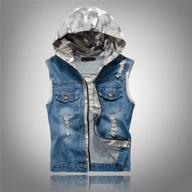 2023Camouflage Denim Vest Hoodies Biker Motorcycle Jeans Jackets Sleeveless Thin Coats Spring Autumn Clothing High Quality 4XL