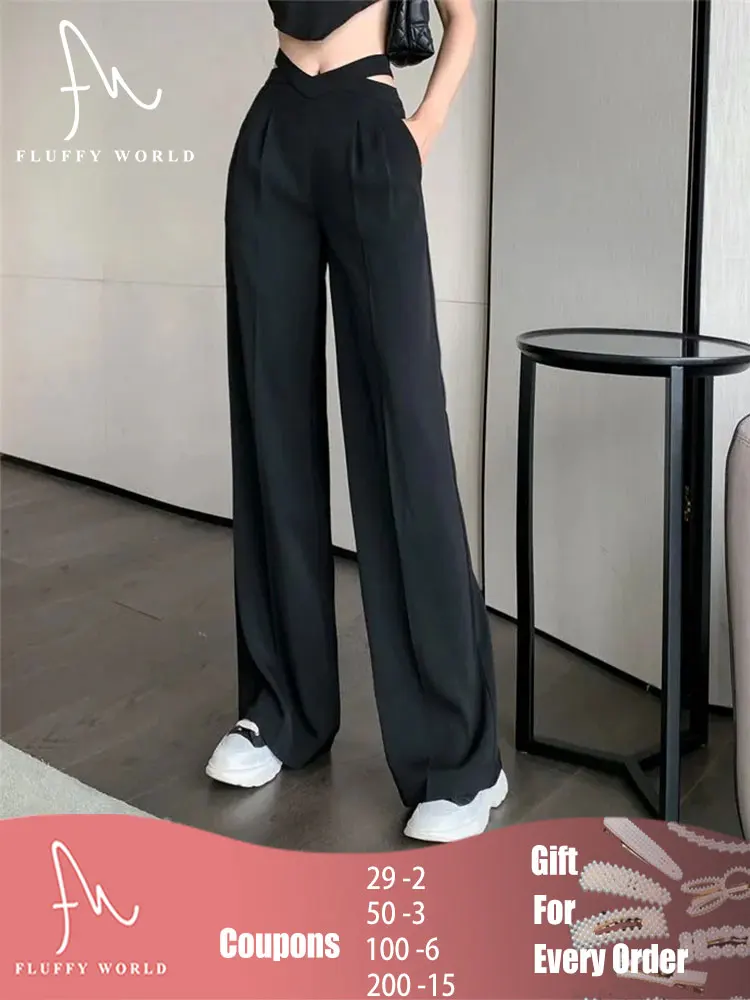 Women Casual Wide Leg Pants Loose Style Waist Hollow Out Office Lady Long Trousers Solid High Wild Straight Female | Женская одежда