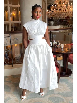 Summer Dresses 2025 Mock Neck Sleeveless Cutout White Maxi Dresses A-Line Elegant Pockets Casual Party Hollow Out Long Dress 1