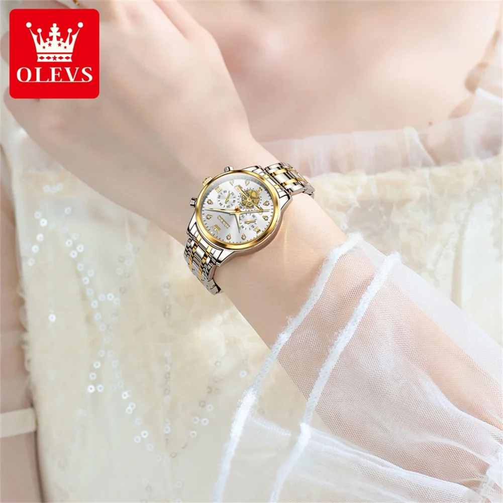 OLEVS Fashion Quartz Watch for Women Stainless Steel Waterproof Chronograph Womens Watches Top Brand Luxury Clock Reloj Hombre