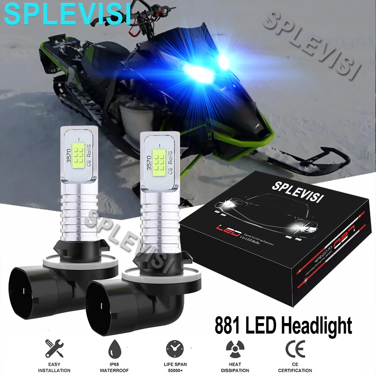 2x70W 8000K Ice Blue LED Headlights Bulbs Kit  For Arctic Cat M5 M6 M7 M8 Firecat 500 600 700 F5 F6 Snowmobiles