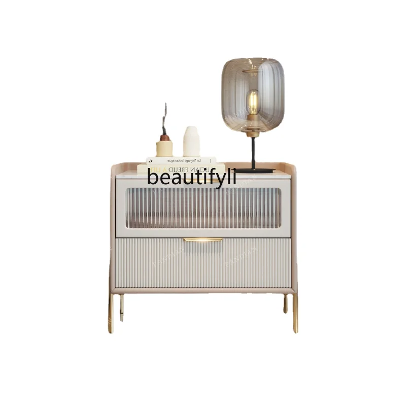 

High-Grade Modern Light Luxury Simple Luxury Style Small Bedside Table Solid Wood Italian Simple Glass Leather Bedside Cabinet